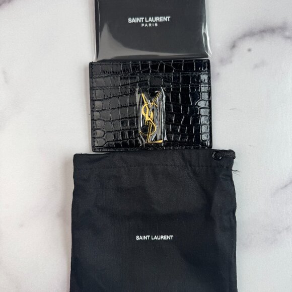 New Saint Laurent Black Cassandre Card Case In Crocodile-Embossed Shiny Leather